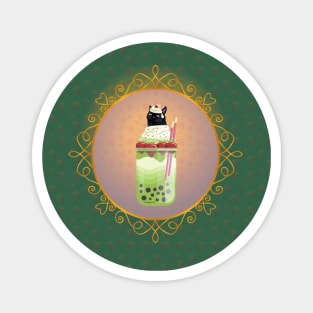 Black Cat Matcha Boba Tea (Green Background) Magnet